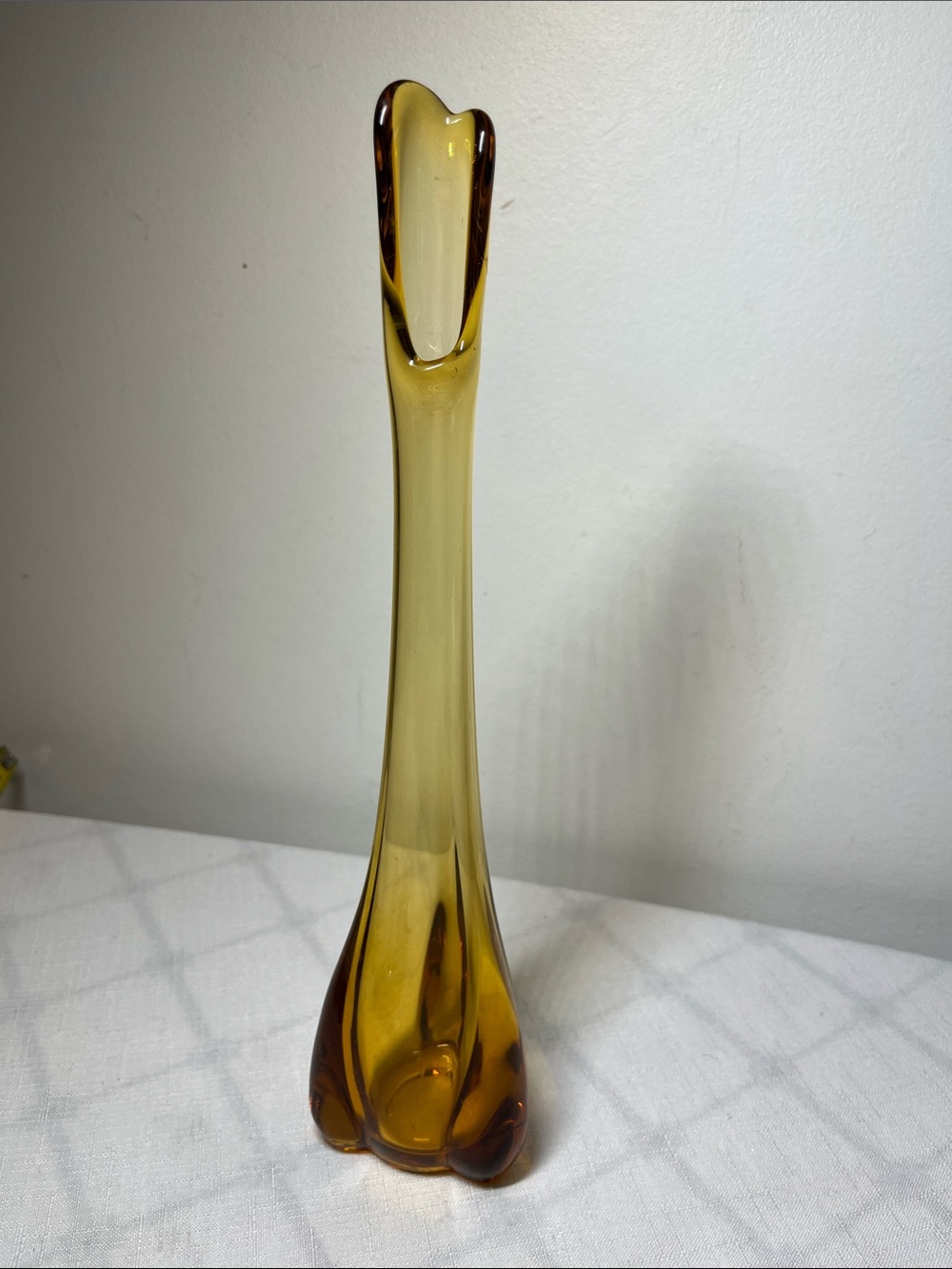 Vintage Viking Glass Epic Drape Amber Swung Bud Vase 
11.5” MCM Art Glass